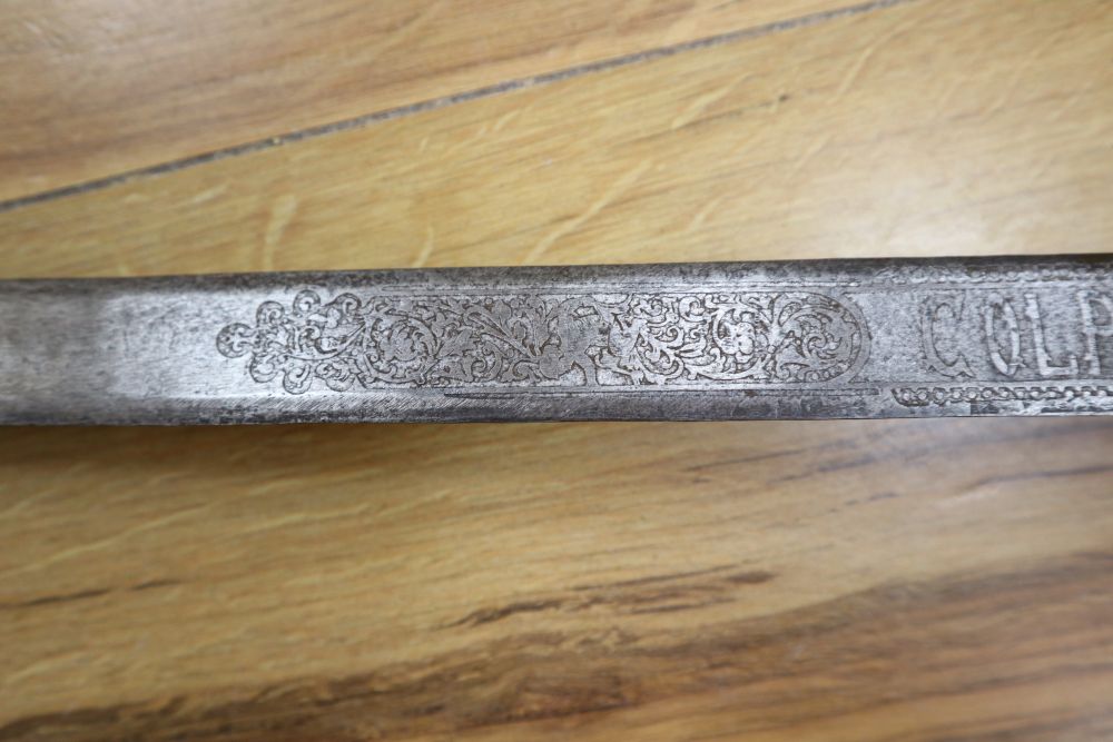 A Spanish Toledo short sword, with etched 58cm double-edged blade
